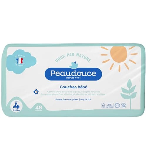 PEAUDOUCE - Sac x 48 Couches Bébé Taille 4 (7-18kg) - Ecologiques, Naturelles, Saines et Peau Douce - Fabriquées en France - Protection Anti-Fuites Jusqu'à 12 h - Non Blanchie Au Chlore