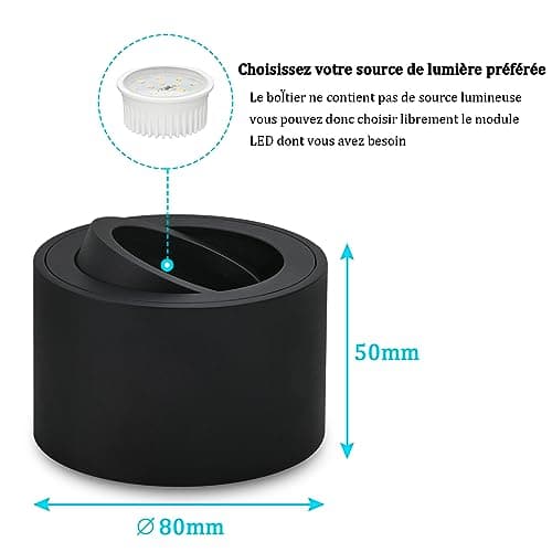 Gleonlux LED Spot en saillie, Spots de Plafond Orientable 30°, Ultra-plats Plafonnier Ø80x50mm, Luminaire plafonnier aluminium Noir mat, Apparent Downlight Lampe Pour modules LED,ampoule non incluse