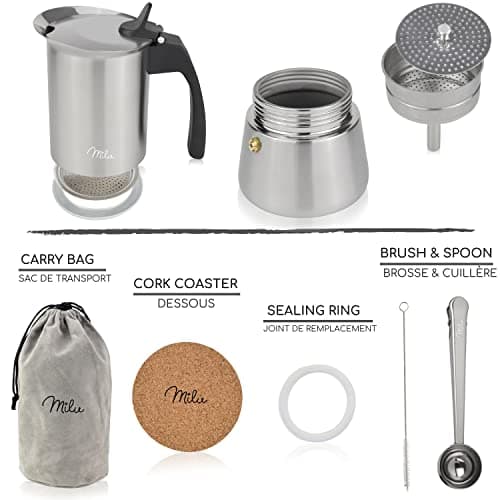 Milu cafetière Italienne Induction | 2, 4, 6, 9 Tasses | Cafetière Moka en INOX, Espresso Maker Acier Inoxydable, Ensemble comprenant un sous-verre, une cuillère, un pinceau (6 tasses 300ml)