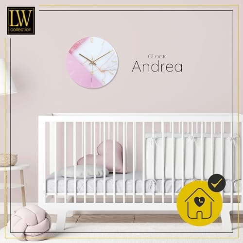 LW Collection Horloge Murale Verre Marbre Andrea Blanc Rose 30 cm - Petite Horloge - Horloge Murale Silencieuse - Horloge de Cuisine Mouvement Silencieux