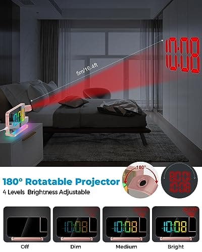 SZELAM Réveil à projection, 18,8 cm avec miroir LED, horloge numérique à projection sur mur de plafond, avec veilleuse RVB, port de charge USB C, gradation automatique, horloge de bureau moderne pour