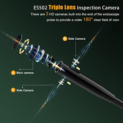 Caméra Endoscopique Canalisation 10m, HIACINTO Endoscope Industriel à 3 lentilles 1080P, Caméra d'inspection IPS 5" avec 10 LED Réglables, Caméra Etanche IP68, Conduits HVAC (Câble Détachable)
