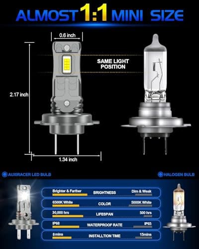 AUXIRACER Ampoule LED H7, puce CSP 6500K 500%, lampe H7 LED automobile feux de route et feux de croisement, ampoule extérieure, remplacement des lampes halogènes et xénon (2 lampes)
