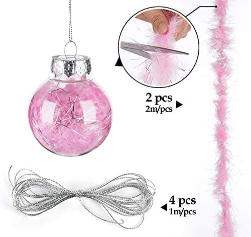 ilauke 20 Boule Transparente Remplissable Bricolage,Boules de Noël en Plastique Transparent à Remplir avec 4m Plume Rose+4m Corde,Boules de Sapin de Noël Ornements pour Fête de Mariage Décoration(6cm)