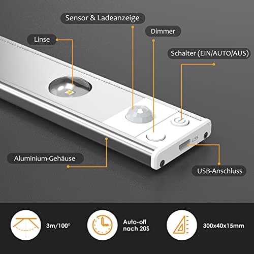 OUILA 30cm Lampe de Placard à Détecteur de Mouvement, Dimmable Rechargeable USB Sans Fil LED Lamp 3000K-6000K Éclairage étude Cuisine Veilleuse Armoire Escalier Couloir Lampe