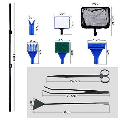 Coolty 9 en 1 Outils pour Aquarium pour Tailler Les Plantes Aquatiques Nettoyage de l'aquarium Filet à Poissons Râteau à Gravier Fourche à Plantes Grattoir Eponge Pince à épiler Ciseaux Grattoir