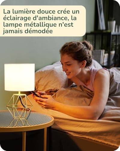 EDISHINE Lampe de Chevet avec Abat-jour en Lin Blanc et Base Doré Métallique en Forme de Diamant, E14 Ampoule LED Incluse de 2700K Blanc Chaud, Lampe de Table Moderne pour Chambre, Bureau, Salon