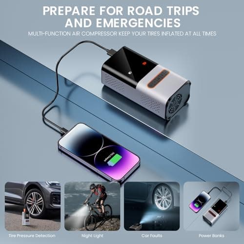 Ofottofo Mini compresseur à air portatif, 150 PSI gonfleur pneus Voiture sans Fil, avec lumière LED et LCD écran numérique Pompe électrique vélo pour vélo, Moto, pneus, Ballon, Scooter