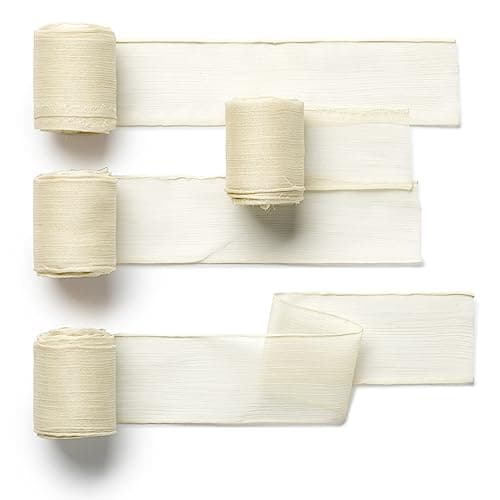 CHUQING Lot de 4 rouleaux de ruban cadeau en mousseline de soie beige 3,8 cm x 4,5 m - Ruban décoratif pour mariage, baptême et anniversaire - Ivoire