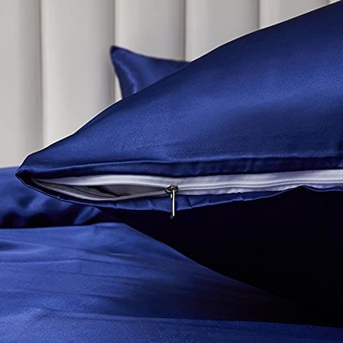 Housse de Couette 200x200cm Satin Unie Bleu Parure de Lit 2 Personnes Adulte Confortable Soie Lisse Literie avec 2 Taies d'oreiller 65x65cm avec Fermeture à Glissière