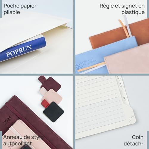 POPRUN Agenda de Poche 2025 Semainier et Carnet de Notes 16 x 10,5 cm - Couverture en Cuir A6 petite Planner, D'Jan 2025 à Déc 2025, Signet à 2 rubans, Papier 100 g/m2, Bordeaux-CRT