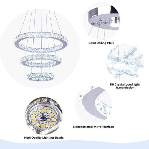 Cainjiazh Lustre moderne en cristal 3 anneaux LED ronds Lustre pendentif DIY en acier inoxydable ajustable Lustre plafonnier pour salle à manger chambre à coucher salon (Cool White)