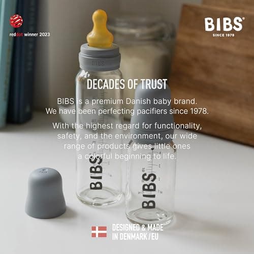 BIBS Baby Glass Bottle. Anti-colique. Embout rond en latex de caoutchouc naturel. Favorise l’allaitement naturel (Transparent, Complete Set - 110 ml)