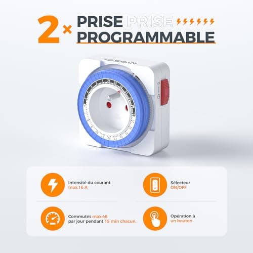 TESSAN Prise Minuteur Programmable 24 Heures, Programmateur Prise de Courant 3680W, Timer Prise Electrique à 96 Segments, Intervalle de 15 Minutes, Prise Minuterie de Cycle Quotidien, pour Lampes