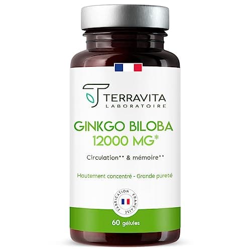 GINKGO BILOBA 12000 mg | Extrait 50:1 Hautement Dosé 6000 mg par Gélule | Booster Mémoire - Concentration - Acouphènes - Circulation Sanguine | 60 Gélules Vegan | Made in France | Terravita