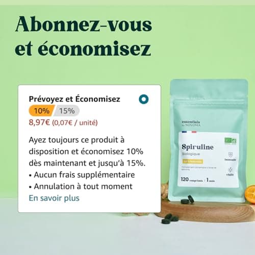 Spiruline Bio 500 mg, Pure et Naturelle, Cure de 1 mois, Réduit la Fatigue, Favorise l'Immunité, 120 Comprimés Vegan, Riche en Protéines et Phycocyanine, Essentials by Novoma