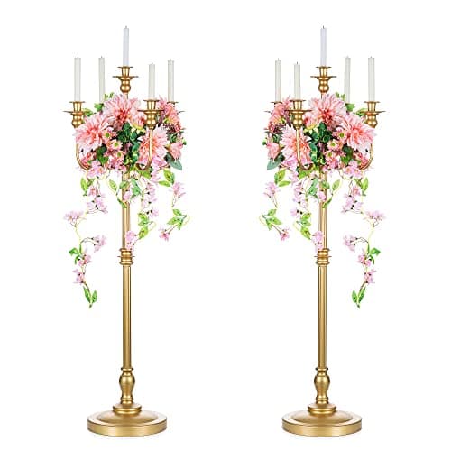 Sziqiqi 124cm Or Bougeoir Chandelier en Métal Lot de 2, Candélabre à 5 Bras Porte-Bougeoir Antique Décor Centre de Table pour Fête Mariage