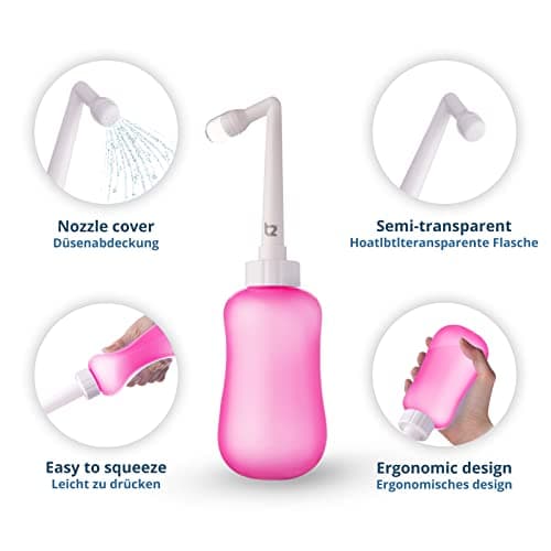 T2 Bouteille Périnéale - Bidet Portable Post-partum, Soulage Douleurs Périnée - Bouteille Compressible 360ml, Embout Coudé 60°, Sac Rangement Lavable - Trousse Maternité, Cadeaux pour Maman