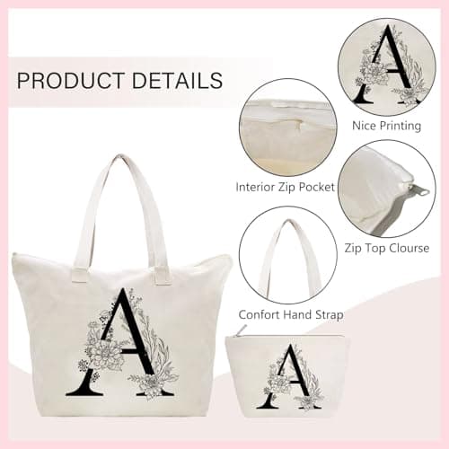 Sac Fourre-Tout en Toile avec Initiale Fleur, Personnalisés Sac Tote bag en Toile Coton Trousse de Maquillage, Idéal pour Mariage Anniversaire Noël, Cadeau pour Femmes Amis Maman Sœurs T