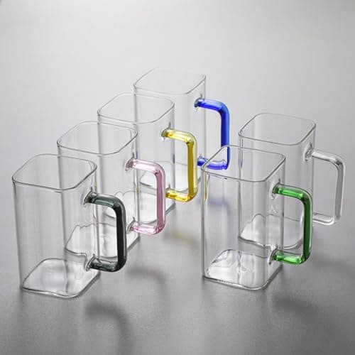 QHYK Verres transparents, Lot de 6 tasses, Verres à bouche carrée avec poignées colorées, 300ml, Parfaites pour à thé, jus, café, boisson, usage quotidien ou fête, restaurant, mariages
