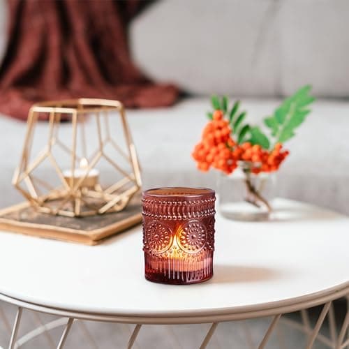 Winter Shore Bougeoir Verre Rond avec Bougies [Lot de 12] - Photophore Verre Ambré avec Design Floral Embossé - Photophore Mariage d'automne, Décoration de Table, Centres de Table Bohème