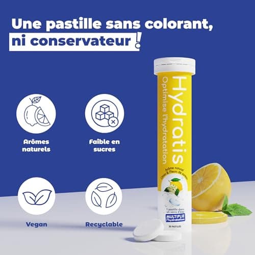 HYDRATIS - Pack 4 Tubes de Pastilles Effervescentes avec Electrolytes + Gourde 500ml Jaune - Optimise l'Hydratation - Citron/Fleur de Sureau + Fruits des Bois + Pêche + Citronnelle/Gingembre