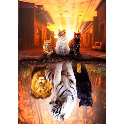 AIRDEA 5D Bricolage Réflexion de Trois Chats Diamond Painting, DIY Broderie Diamant Painting Kit Complet, Peinture Diamant Artisanat Strass Point de Croix Painting pour Adultes 30x40cm