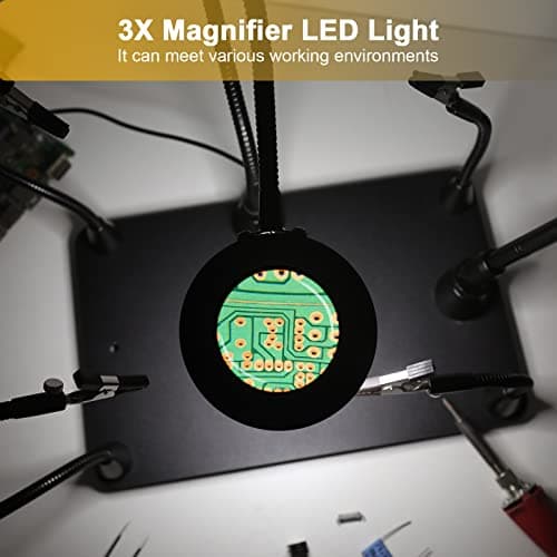 Mains secourables, troisième main à souder, support de carte de circuit imprimé avec lampe loupe 3X LED, support de pistolet à air chaud, bras métalliques flexibles et base robuste