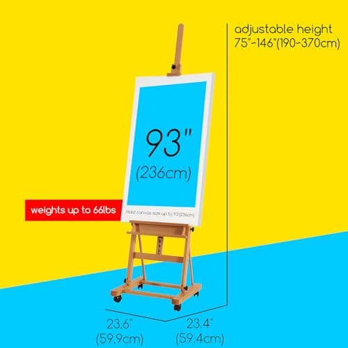 MEEDEN Grand Chevalet en Bois de Hêtre, H-Frame Chevalet de Peinture pour Adultes, Réglable 190 cm à 370cm, Peut Contenir des Toiles jusqu'à 236 cm,Chevalet à Roulettes avec Plateau de Rangement