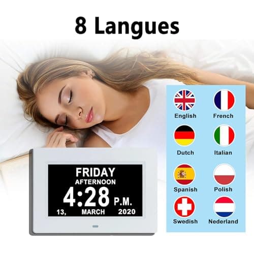 Alovez 7 Pouces LCD Horloge Numérique Calendrier avec Date Jour Et Heure Horloge Non-Abrégée Auto Dimming 8 Langues HD Display Rappel pour Alzheimer Les Personnes âgées et Les Enfants (Blanc)