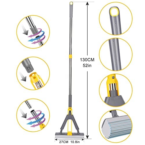 Masthome Balai éponge Absorbant avec Essoreur, Serpillere avec Poignée Réglable de 130 cm, 3 Réutilisables PVA éponge Head, Balai Vadrouille éponge pour Nettoyage Sols