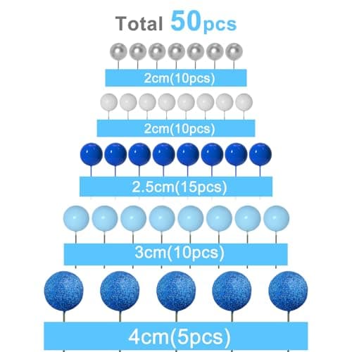 ASTARON 50 pièces décorations de gâteau en forme de boules Mini ballons Bâtonnets de décoration de gâteau Boules en mousse Pics à gâteau pour fête de mariage Anniversaire (série bleue)