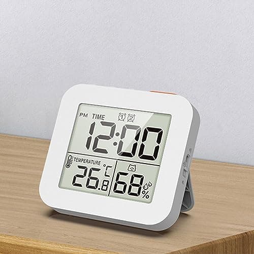 Horloge de Salle de Bain, Minuterie de Douche Numérique pour Salle de Bain, Horloge Murale de Cuisine avec Alarme, Minuterie Tactile étanche Portable, Thermomètre Intérieur, Hygromètre, Blanche