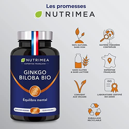 Ginkgo Biloba BIO - Complexe Mémoire & Concentration - Booste les Performances Cérébrales - Sauge BIO - 60 Gélules Vegan - Nutrimea - Fabrication Française