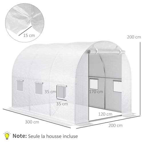 Outsunny Bâche de Rechange Serre Tunnel 6 m2, bâche dim. 3L x 2l x 2H m PE Anti-UV imperméable 6 fenêtres + Porte Enroulable zippée Blanc