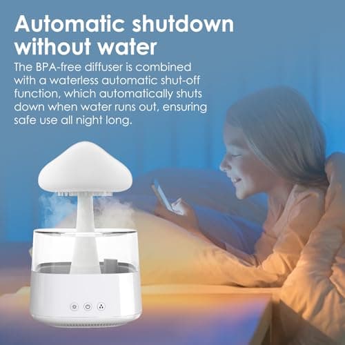 Humidificateur de Pluie Nuageuse, Diffuseur d'Huile Essentielle 7 Couleurs Changeantes LED Nightlight Champignon Humidificateur 3 Modes à Distance Goutte à Goutte (Blanc)