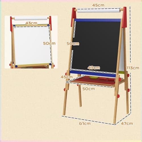 AIYAPLAY Chevalet peinture pour enfants, tableau enfant double face 3 en 1, avec rouleau de papier, tableau blanc et noir hauteur réglable, avec accessoires de peinture, enfants 3-8 ans, bois naturel