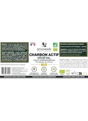 Charbon Actif Végétal BIO | Haute Concentration, 2000mg / Jour | 120 gélules de 334mg | Ballonnements, Flatulences | Qualité Supérieure, Français