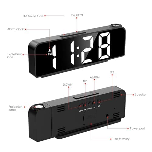 Reveil Projecteur,Reveil Projecteur Plafond,Réveil Projection avec Température,Horloge Numérique LED Projection,Horloge Digitale Projecteur 180°,Luminosité Réglable, pour Chambre, Bureau