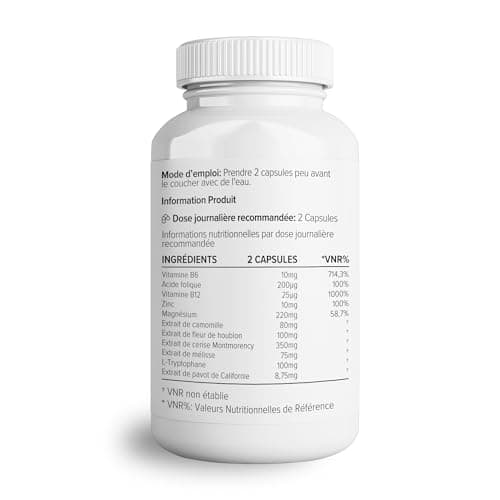 Complexe nuit de Theonia avec 100 mg L-tryptophane, camomille et Mélisse Supplément naturel pour le sommeil et la relaxation - 60 gélules, Sans OGM, Végétarien