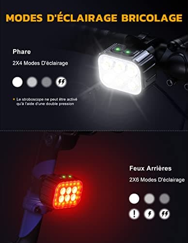 CIRYCASE Lumiere Velo avec Spot et Faisceau d'Inondation, Rechargeable par USB Lampe Vélo LED Étanche IP65, 2 x 4 + 2 x 6 Modes de Luminosité Eclairage Velo Avant et Arrière pour Cyclysme VTT