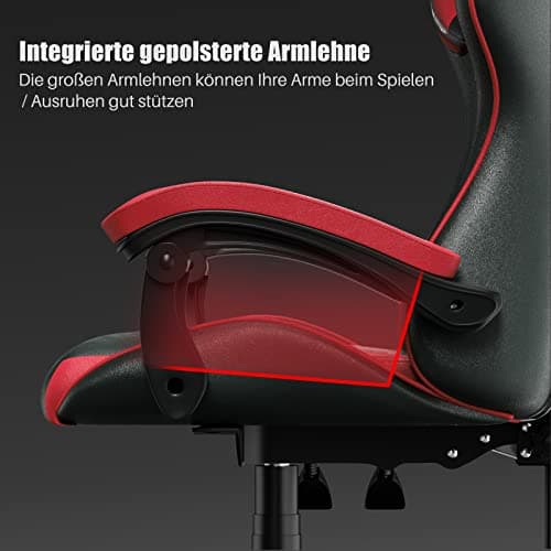 bigzzia Chaise Gaming - Ergonomique Chaise de Gaming avec Coussin Lombaire + appuie-tête - PU Cuir Chaise Bureau réglable en Hauteur - Fauteuil Gaming pour Adultes Enfants - Rouge