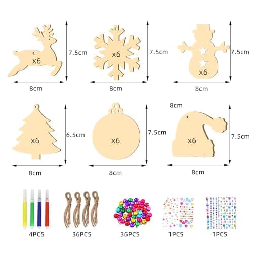 36pcs de pendentifs en Bois Noël kit de Bricolage pour Enfants,Bricolage de Noël DIY décoration de Noël en Bois pendentifs de Noël déco pendentifs Cadeaux,Arbre Noël,Flocon de Neige,Bonhomme de Neige
