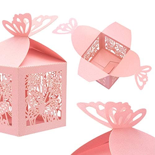 Derbway 30pcs Papillon Papier Boite Bonbons Coffret Cadeaux, Cérémonie de Mariage de Fête Caisson pour Anniversaire,Bébédouche,Communion,Noël (Rose,Carré)