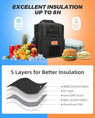 HSHRISH Sac Isotherme Repas,Sac Isotherme Double Couche pour Hommes et Adultes, étanche et Durable pour Le Travail, l'extérieur et Le Pique-Nique 15L, Noir