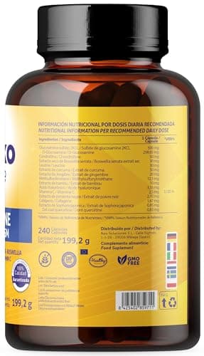Glucosamine et Chondroïtine 240 gélules avec MSM, collagène marin, acide hyaluronique, curcuma, poivre noir, gingembre, boswellia et quercétine pour articulations, cartilage, os