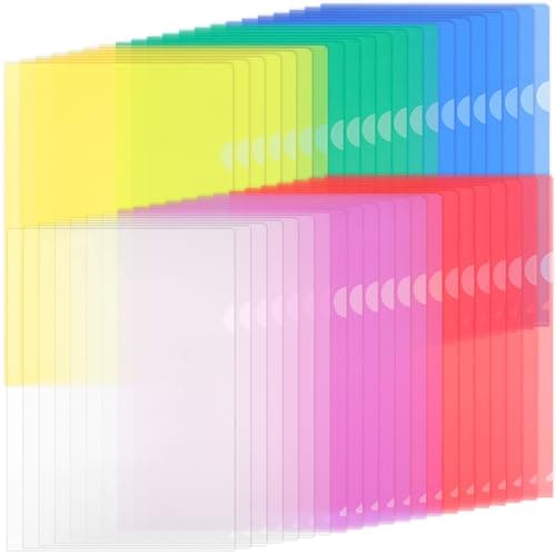 ZCZN 42 Pcs Pochette Plastique A4, Chemises à coin Pochette Document 6 Couleurs Vives Transparent Plastique Sous Chemises Rigide pour Ranger et Classer Papiers, Documents, etc - 31 * 22 cm
