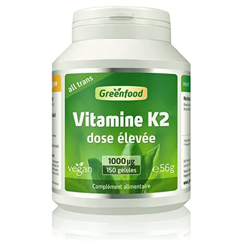 Greenfood Vitamine K2 (MK7, all-trans), 1000 μg, dose élevée, 150 gélules – pour la santé des os et la coagulation du sang. SANS additifs artificiels. Sans organisme génétiquement modifié. Vegan