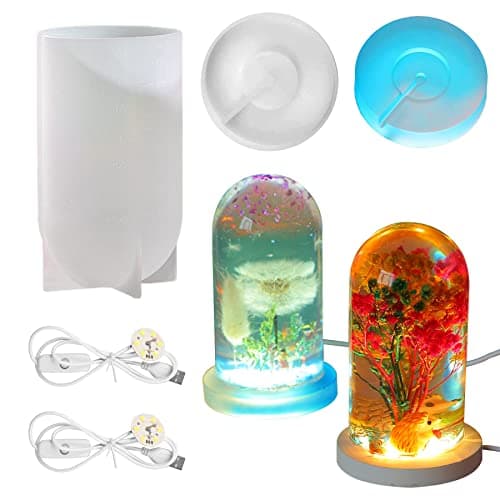Yayatty Moules de Résine pour Lampe Moules en Silicone Epoxy, Moules Cylindriques en Résine Epoxy et Base, Alimentation USB pour Bricolage, Décoration de Bureau, Lampe de Table, Décoration