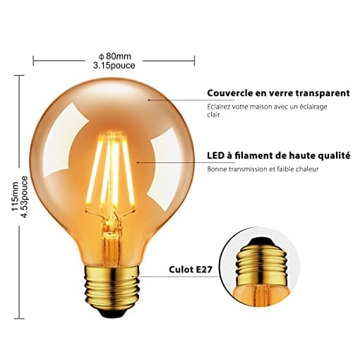 LVWIT Ampoule à filament LED E27 G80 6.5W, 650Lm Equivalent à Ampoule Incandescente 51W, Lampe Rétro Edison en Verre Brun, 2500K Blanc Chaud, Non-Dimmable, Lot de 6
